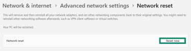 The "Network reset" confirmation page in Windows Settings, showing the "Reset now" button.